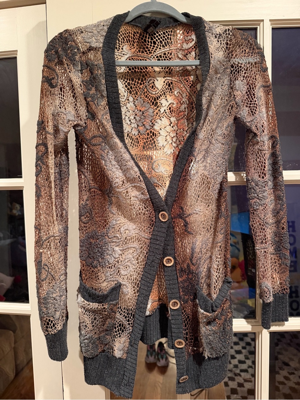 Vintage Buckle Openwork Lace Cardigan Sweater - Brown/Gray